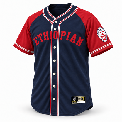 Ethiopian Clowns navy jersey with red sleeves front mockup