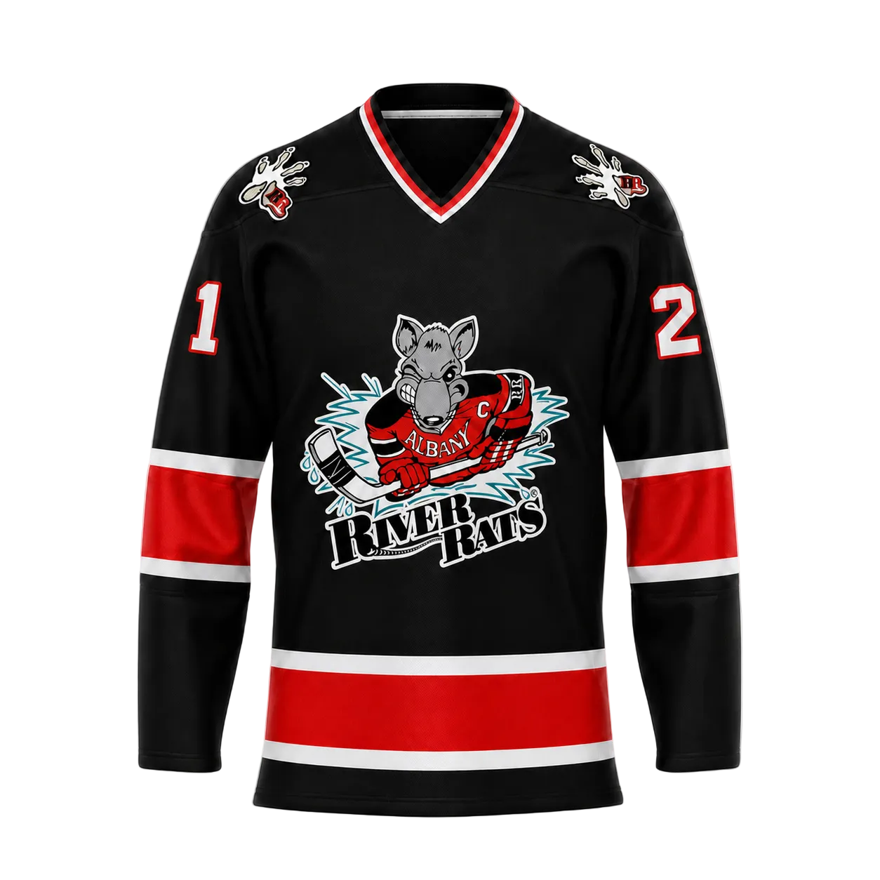 Albany River Rats hockey jersey front in black with red and white sleeve and hem stripes and the rat mascot crest with River Rats wordmark at center chest