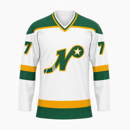 Nashville South Stars hockey jersey in white with green and gold striping and the script N and star crest at center chest