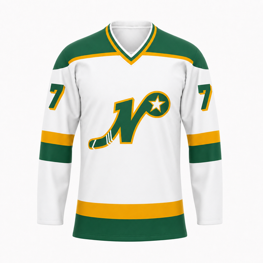 Nashville South Stars hockey jersey in white with green and gold striping and the script N and star crest at center chest