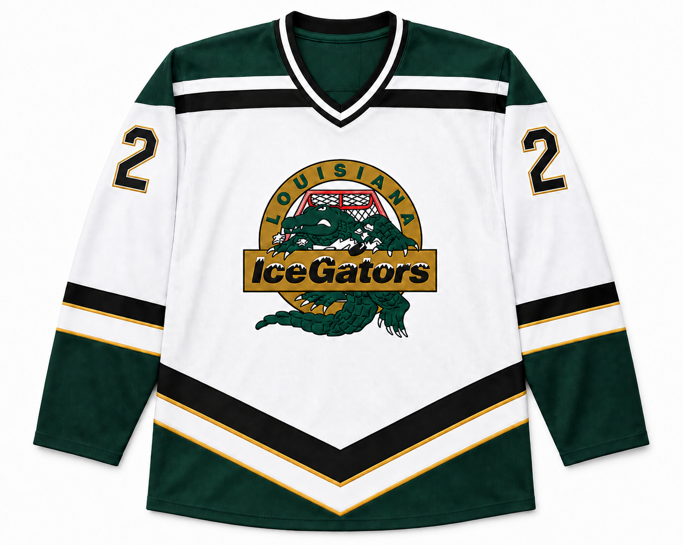Louisiana IceGators hockey jersey. White body with dark green shoulders, sleeves and hem. Black and gold chevron stripes angled from mid-chest down to the waist and banded around each sleeve. White V-neck collar with green trim. Black number 2 on each shoulder. IceGators crest on the center chest: a green alligator on a gold circle, LOUISIANA arced above, IceGators across a gold banner. Royal Retros
