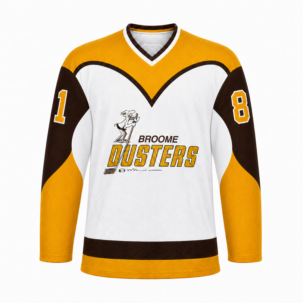 Broome Dusters hockey jersey in white with brown and gold shoulder yoke, gold sleeves, and the caveman crest with BROOME DUSTERS lettering at center chest