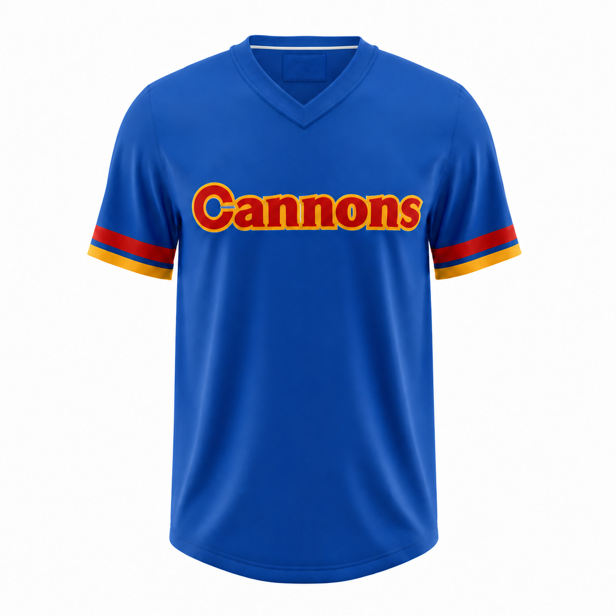 Calgary Cannons pullover baseball jersey in royal blue with a V-neck collar, Cannons across the chest in red with gold outline, and red and gold striped sleeve cuffs