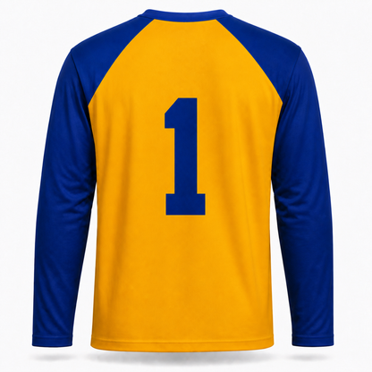 Frankford Yellow Jackets football jersey back in gold with blue raglan sleeves and blue number 1