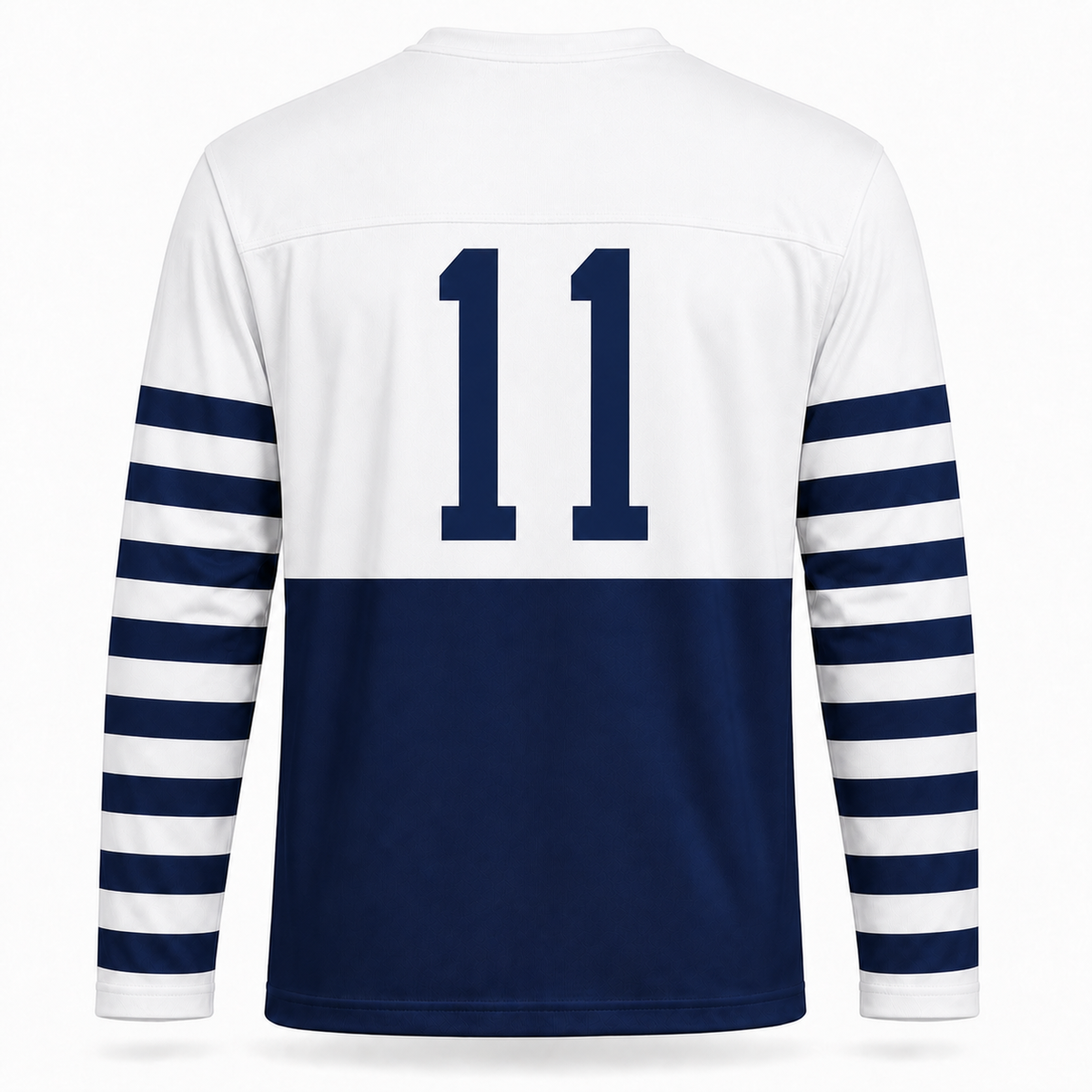 Dayton Triangles football jersey back, white body with navy lower half, navy and white striped sleeves, and navy number 11