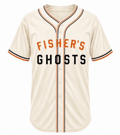 Sioux City Ghosts cream baseball jersey with orange and black placket piping and FISHER'S GHOSTS lettering across the chest