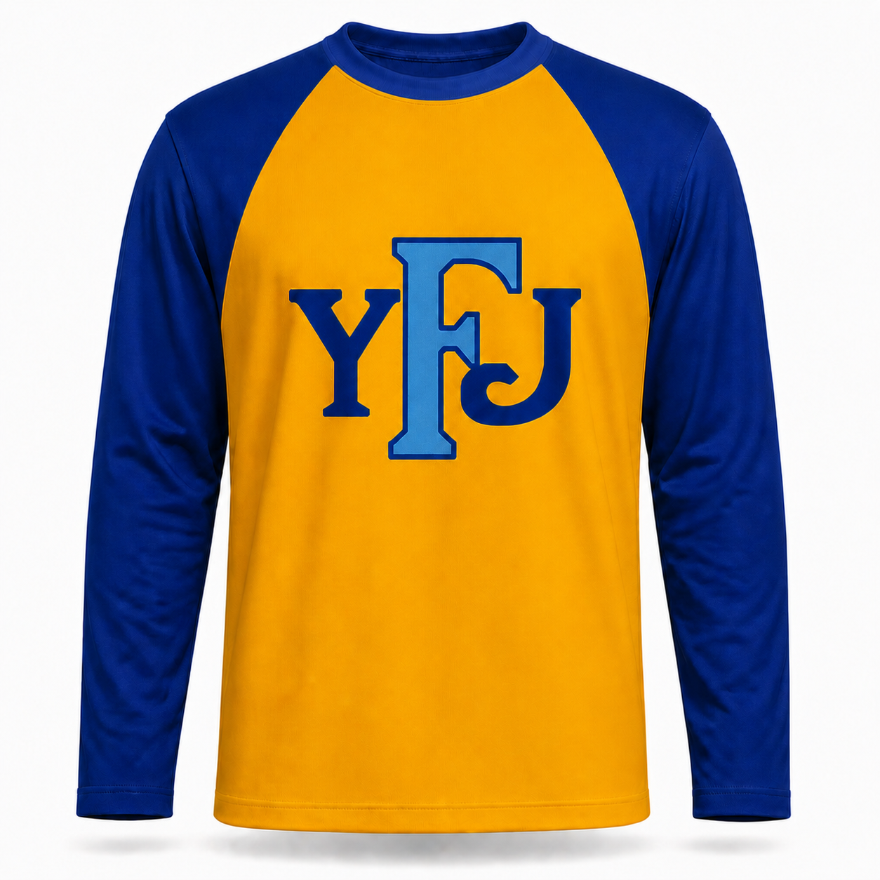 Frankford Yellow Jackets football jersey front in gold, with blue raglan sleeves and a YFJ wordmark on the chest