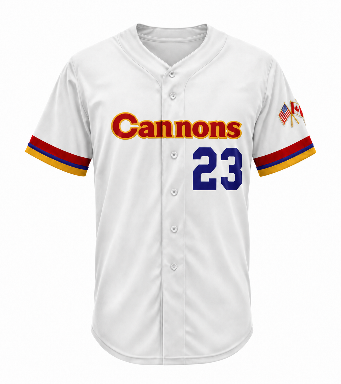 Calgary Cannons home baseball jersey in white with a button front, Cannons across the chest in red with gold outline, blue number 23, red, blue and gold striped sleeve cuffs, and a crossed US and Canadian flag patch on the right sleeve