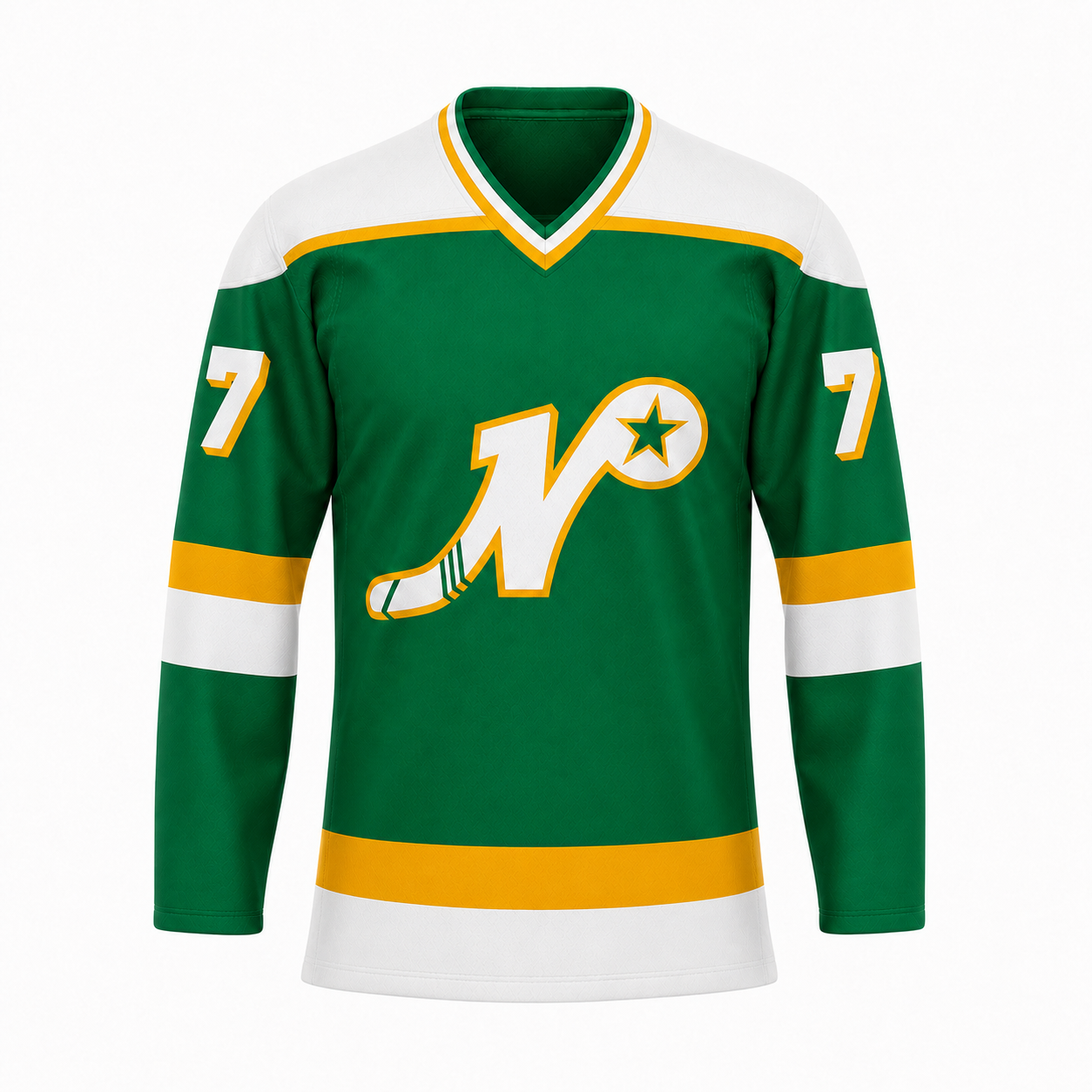 Nashville South Stars hockey jersey in green with gold and white striping and the script N and star crest at center chest