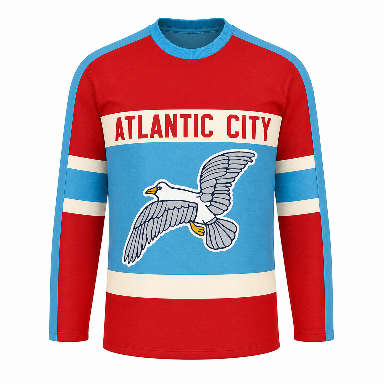 Atlantic City Seagulls hockey jersey in red with sky blue shoulders and cream striping, an ATLANTIC CITY banner and a seagull in flight at center chest