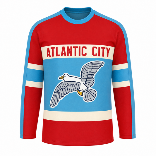Atlantic City Seagulls hockey jersey in red with sky blue shoulders and cream striping, an ATLANTIC CITY banner and a seagull in flight at center chest