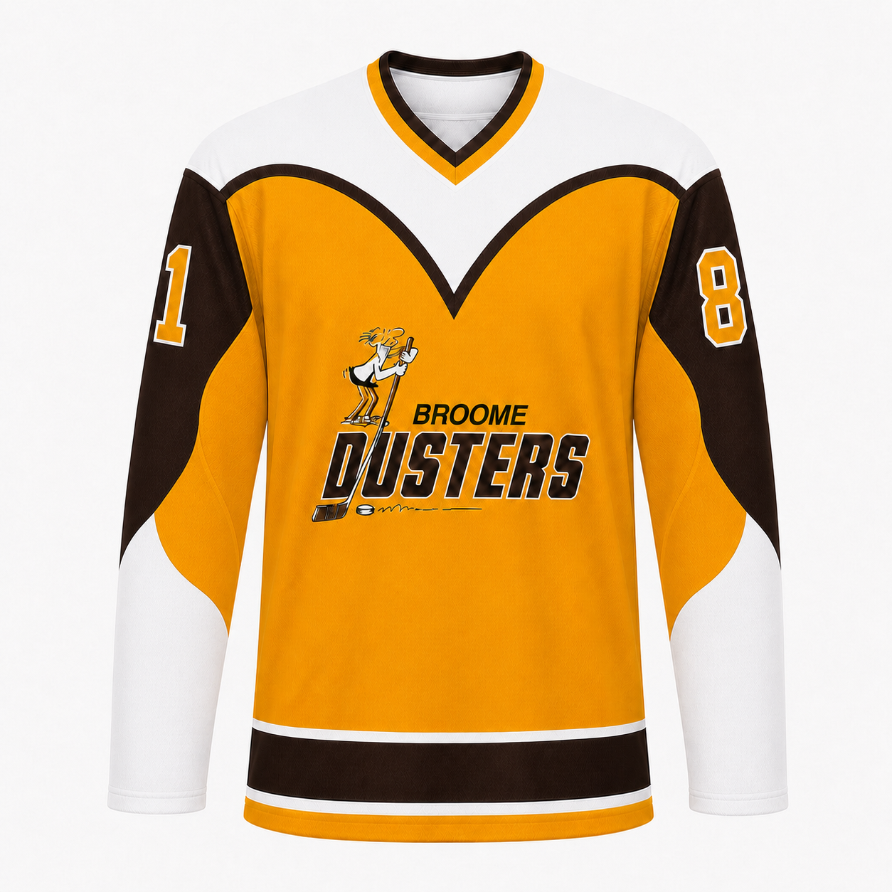 Broome Dusters hockey jersey in gold with brown shoulders and sleeve panels, white trim, and the caveman crest with BROOME DUSTERS lettering at center chest