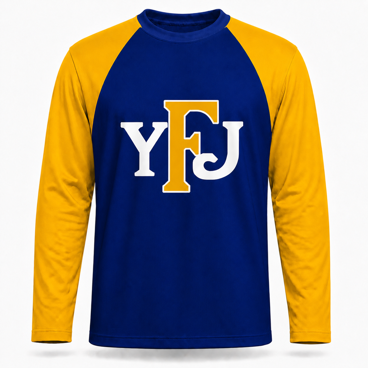 Frankford Yellow Jackets football jersey front in blue, with gold raglan sleeves and a YFJ wordmark on the chest