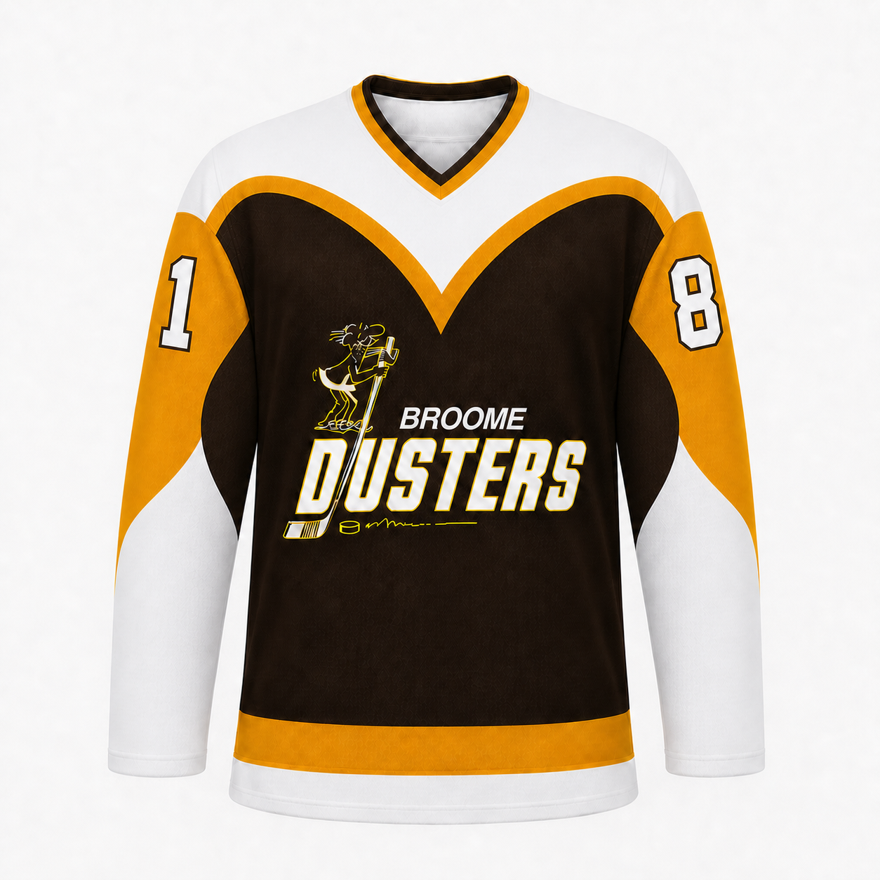 Broome Dusters hockey jersey in brown with gold trim and white shoulders, and the caveman crest with BROOME DUSTERS lettering at center chest