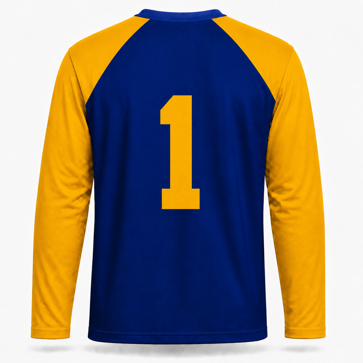 Frankford Yellow Jackets football jersey back in blue with gold raglan sleeves and gold number 1