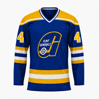 Flint Generals hockey jersey in royal blue with a gold shoulder yoke, gold and white stripes on the sleeves and hem, and the teardrop G crest with FLINT GENERALS lettering at center chest