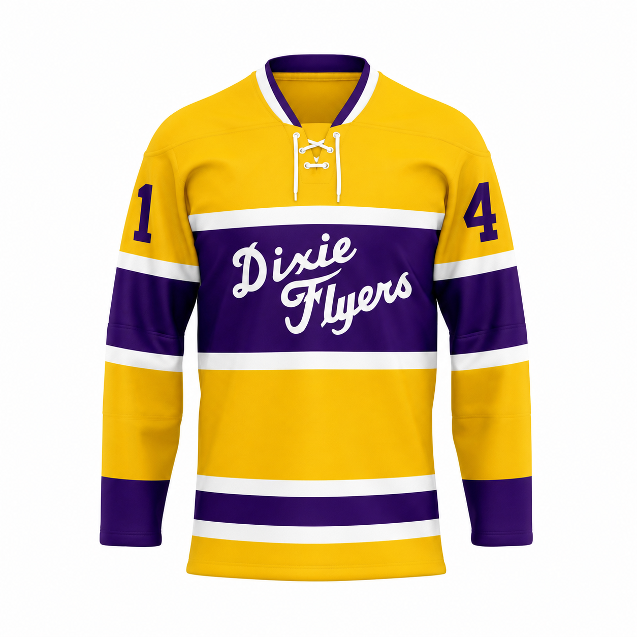 Nashville Dixie Flyers hockey jersey in gold with purple and white striping, a purple lace-up collar, and the Dixie Flyers script across the chest