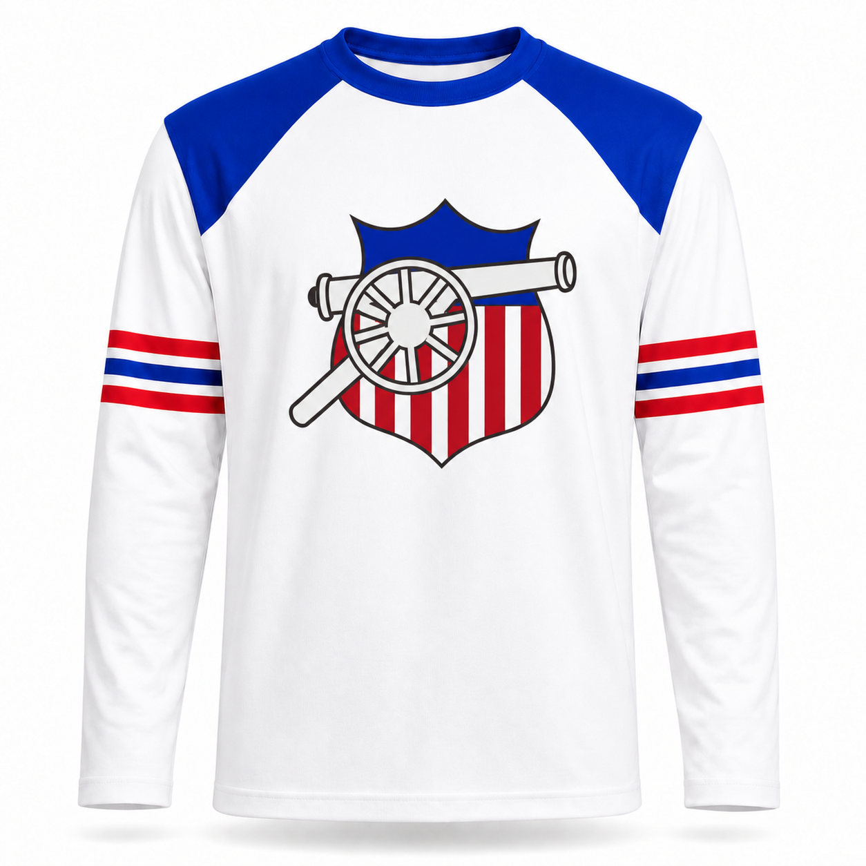 St Louis Gunners football jersey front, white body with blue shoulders, red white and blue striped sleeve bands, and a cannon-and-shield emblem on the chest