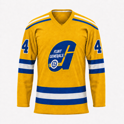 Flint Generals hockey jersey in gold with blue and white stripes on the shoulders, sleeves and hem, and the teardrop G crest with FLINT GENERALS lettering at center chest