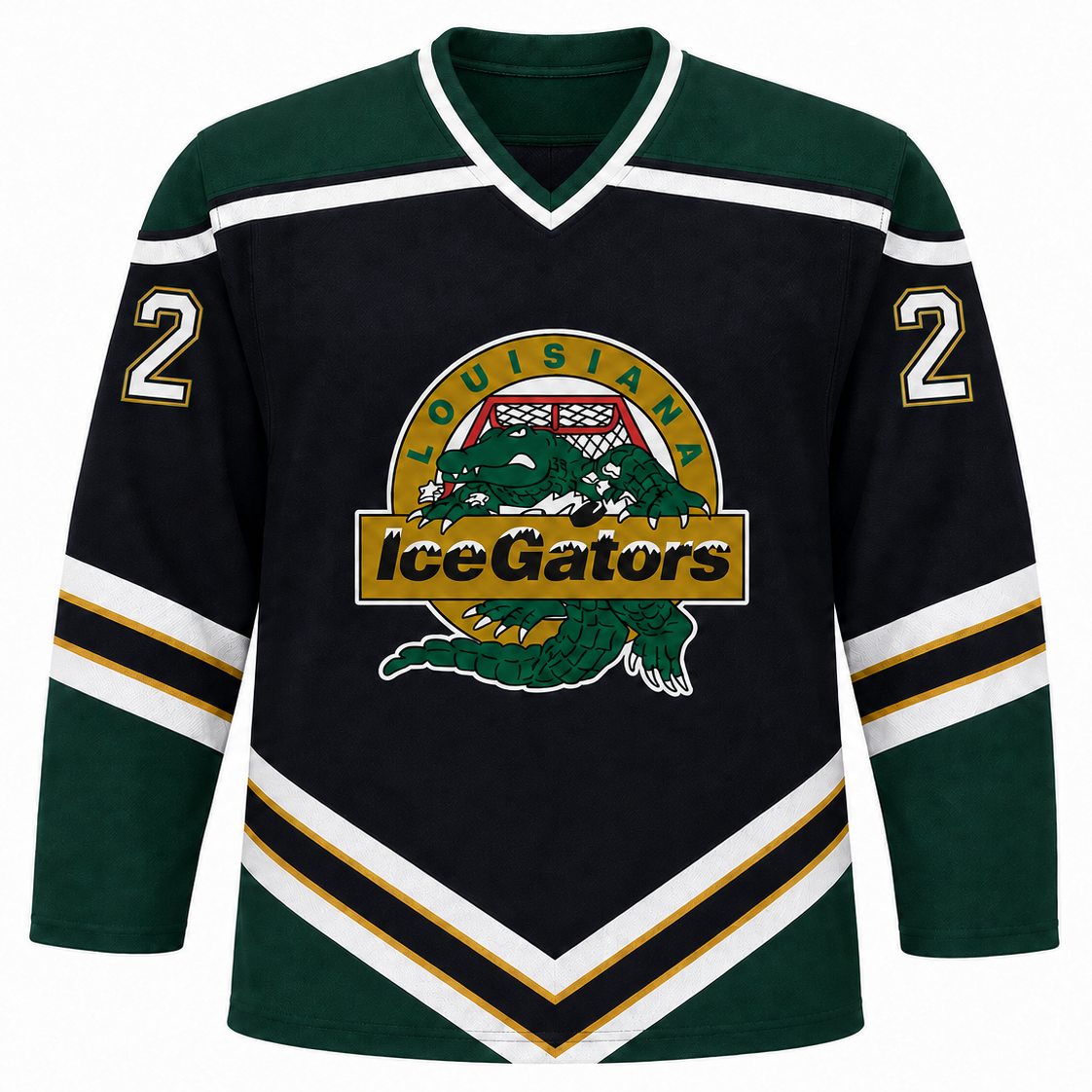 Louisiana IceGators hockey jersey. Black body with dark green shoulders and sleeves. White and gold chevron stripes angled from mid-chest down to the waist and banded around each sleeve. White V-neck collar with green trim. Gold number 2 on each shoulder. IceGators crest on the center chest: a green alligator on a gold circle, LOUISIANA arced above, IceGators across a gold banner. Royal Retros