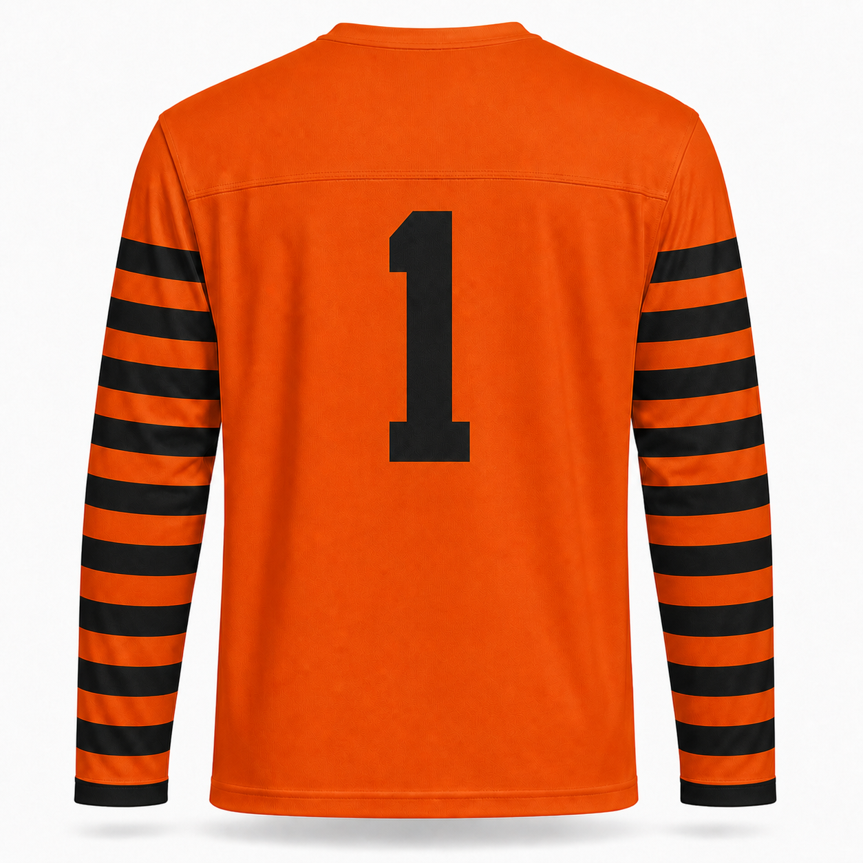 Providence Steam Roller football jersey back in orange with black and orange striped sleeves and black number 1