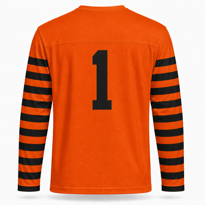 Providence Steam Roller football jersey back in orange with black and orange striped sleeves and black number 1