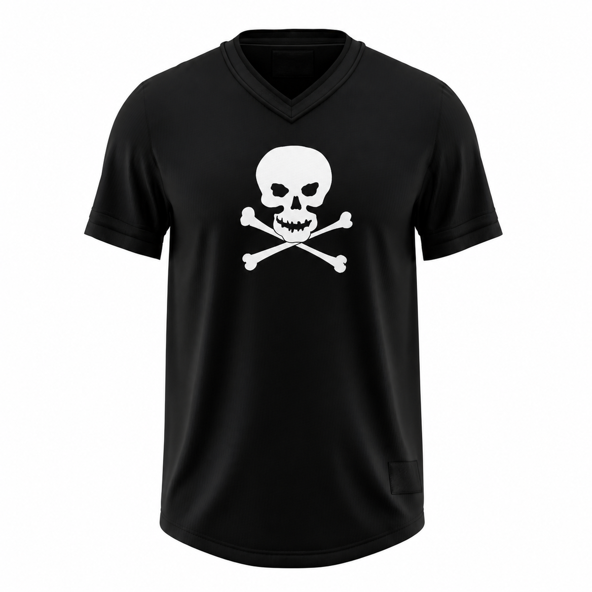 Sioux City Ghosts black baseball jersey with a white skull and crossbones at center chest