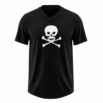 Sioux City Ghosts black baseball jersey with a white skull and crossbones at center chest