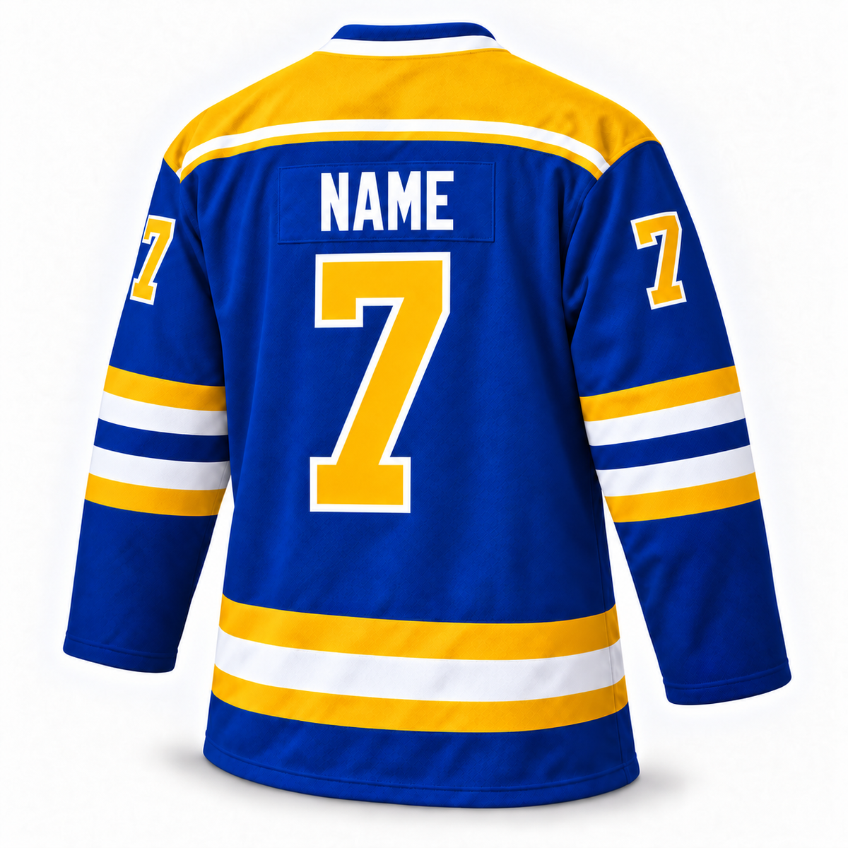 Back of the blue Flint Generals hockey jersey with a gold "NAME" nameplate and gold number 7 outlined in white.
