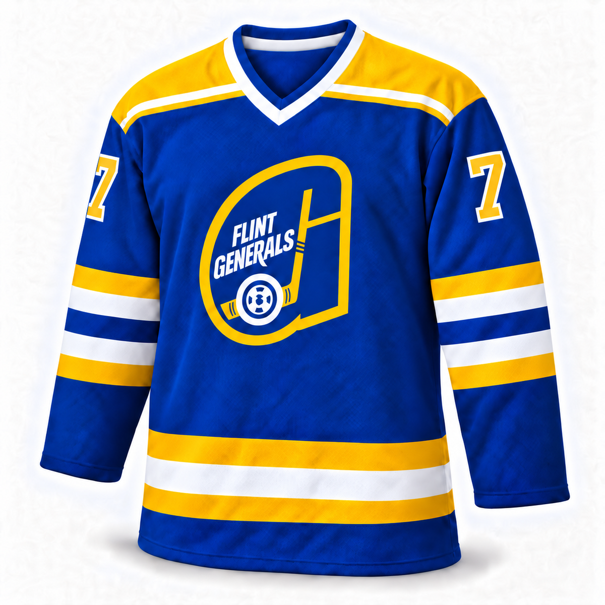 Blue Flint Generals hockey jersey, front, with gold-and-white shoulder and sleeve stripes, a gold number 7, and the Flint Generals hockey-stick logo on the chest.