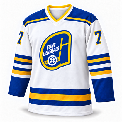 White Flint Generals hockey jersey, front, with blue-and-gold shoulder and sleeve stripes, a blue number 7 outlined in gold, and the Flint Generals hockey-stick logo on the chest.