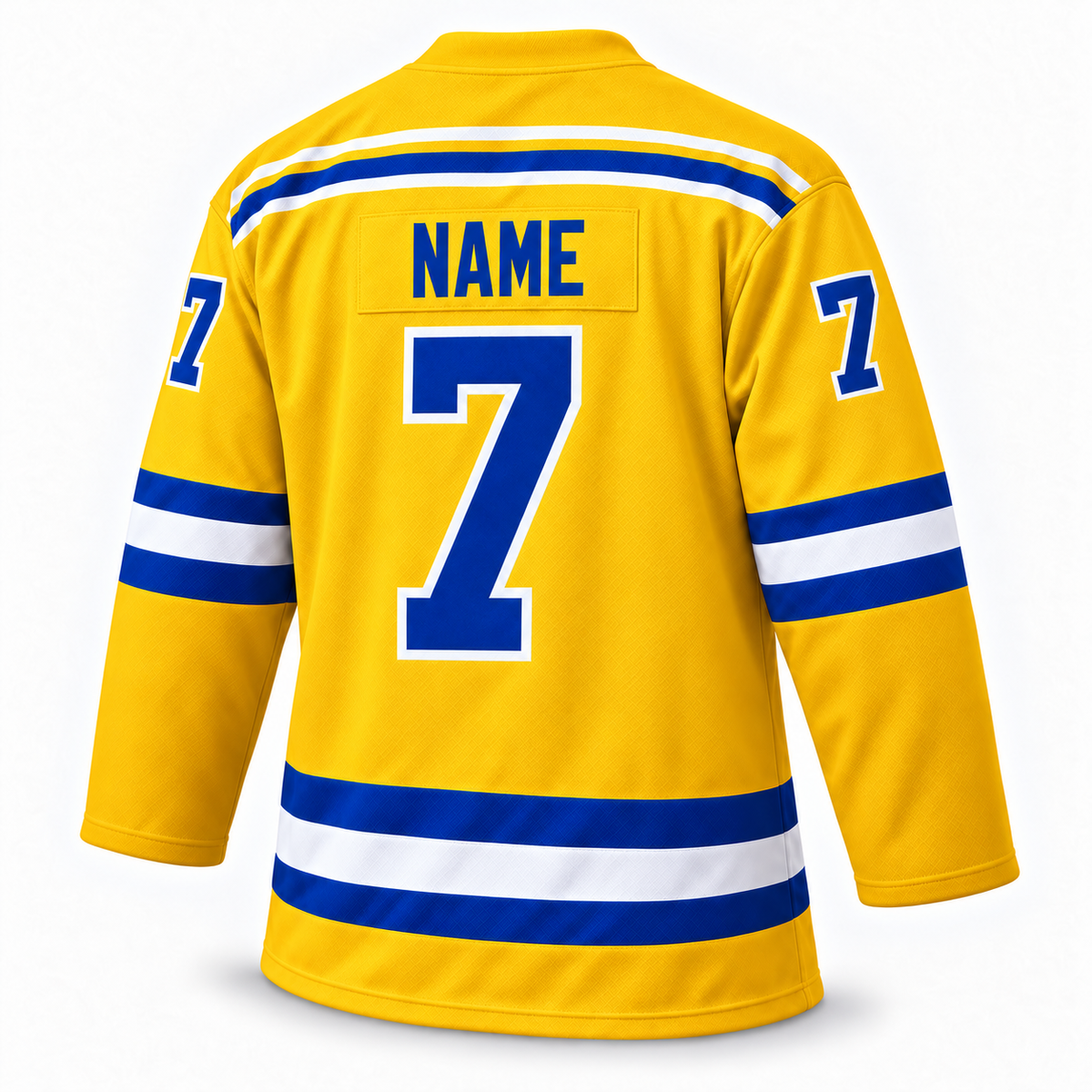 Back of the yellow Flint Generals hockey jersey with a blue "NAME" nameplate and blue number 7 outlined in white.