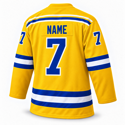 Back of the yellow Flint Generals hockey jersey with a blue "NAME" nameplate and blue number 7 outlined in white.