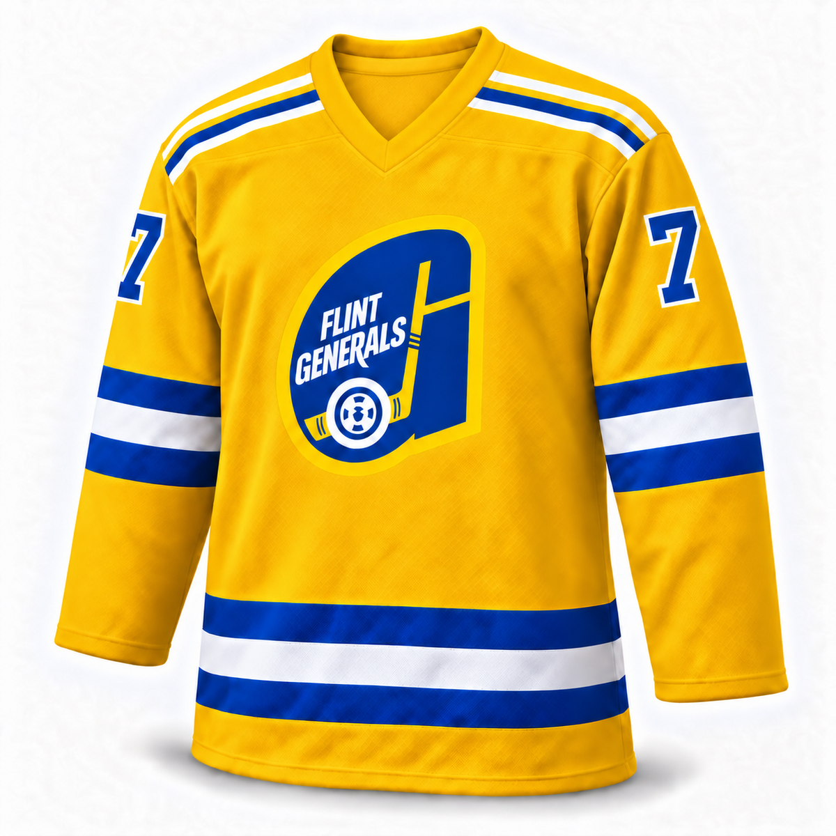 Yellow Flint Generals hockey jersey, front, with blue-and-white shoulder and sleeve stripes, a blue number 7 outlined in white, and the Flint Generals hockey-stick logo on the chest.