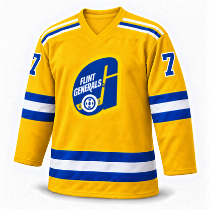 Yellow Flint Generals hockey jersey, front, with blue-and-white shoulder and sleeve stripes, a blue number 7 outlined in white, and the Flint Generals hockey-stick logo on the chest.