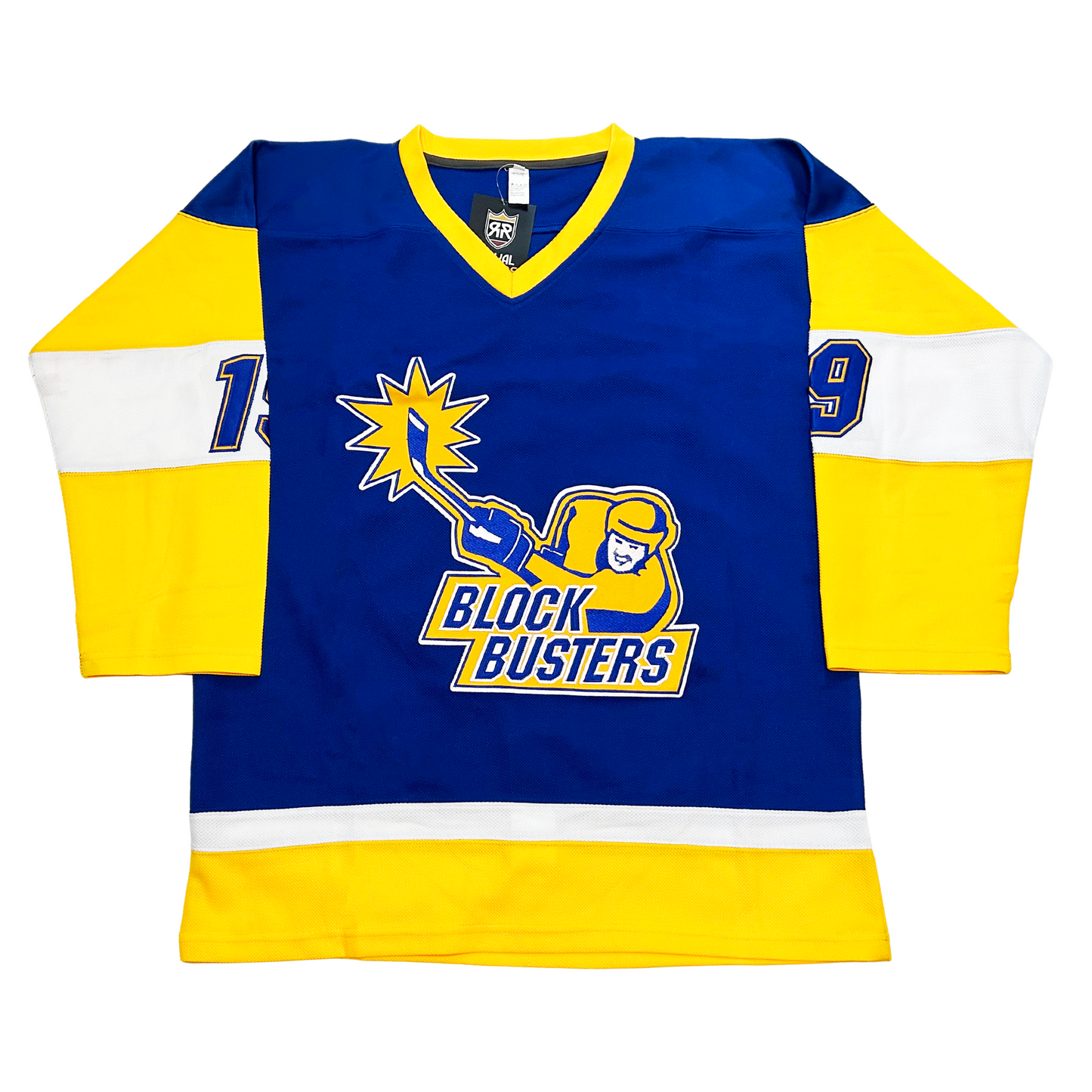 Florida Block Busters hockey jersey. Blue with yellow collar. Yellow sleeves with thick white band mid-sleeve. #19 blue with yellow trim in band. White and yellow band above waist. Logo in center of player, chest-up, in gold with blue detail making a slap shot. Burst around end of stick blade. BLOCK BUSTERS in blue with white trim below. Royal Retros