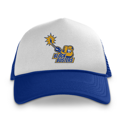 Florida Block Busters Foam Trucker Hat - White/ Royal / one size - Hats. White with blue bill. Logo in center of player, chest-up, in gold with blue detail making a slap shot. Burst around end of stick blade. BLOCK BUSTERS in blue with white trim below. Royal Retros