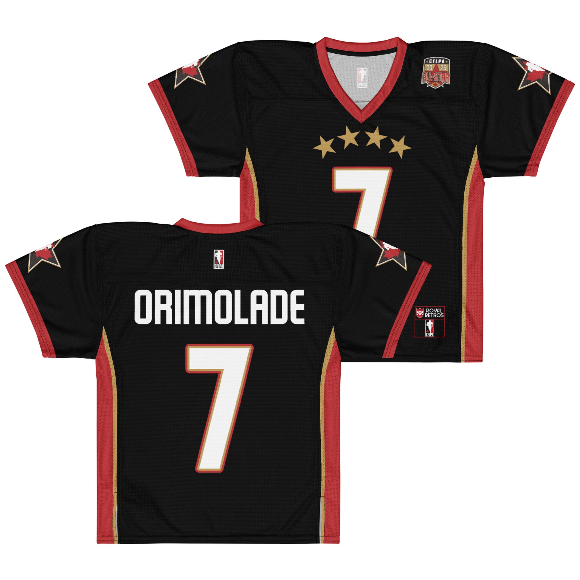 2025 CFLPA All-Star Replica Jersey. Black. Front and Back. Red collar and sleeve ends. Four gold stars over large white name over large white numerals with red trim. Gold, red, and gold stripes up sides. Royal Retro