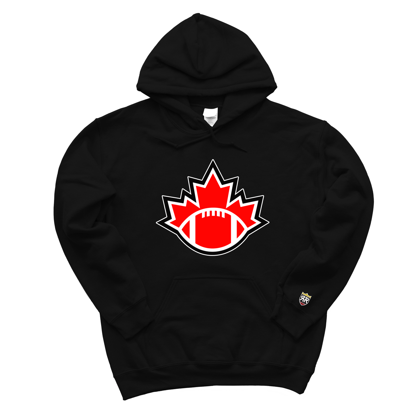 Football Canada Hoodie black. Top half of red maple leaf with white and black & white trim with red football with white detail covering bottom half.  Royal Retros