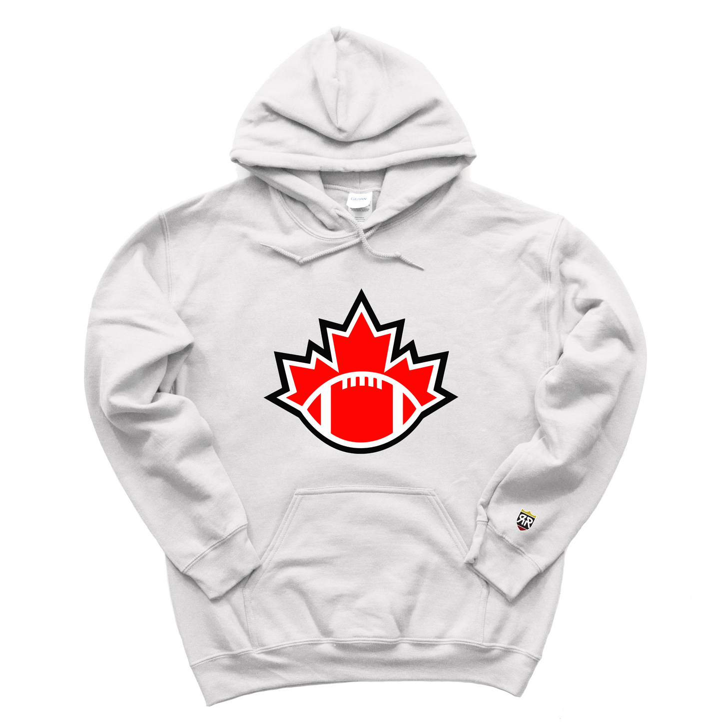 Football Canada Hoodie white. Top half of red maple leaf with white and black & white trim with red football with white detail covering bottom half.  Royal Retros
