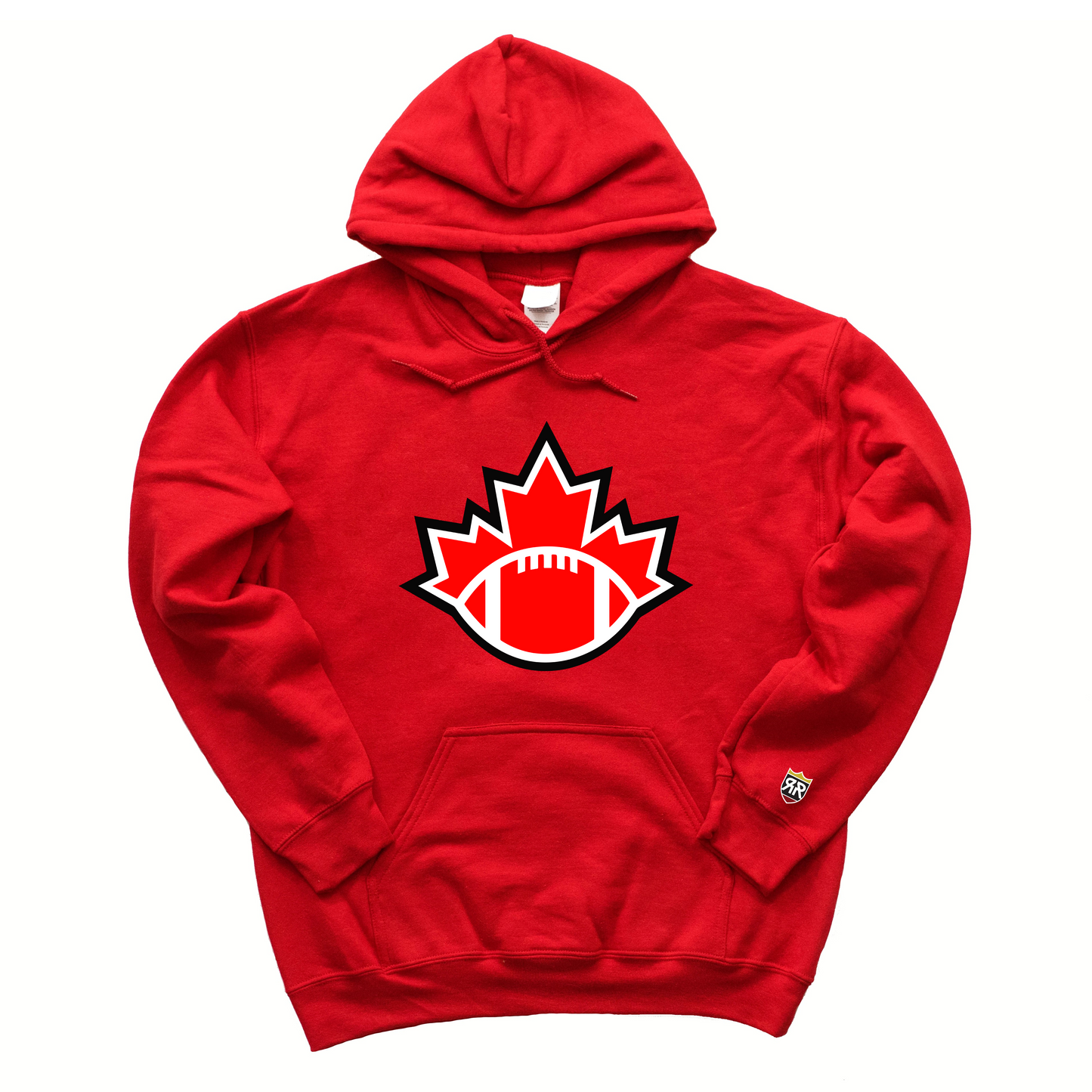 Football Canada Hoodie red. Top half of red maple leaf with white and black & white trim with red football with white detail covering bottom half.  Royal Retros
