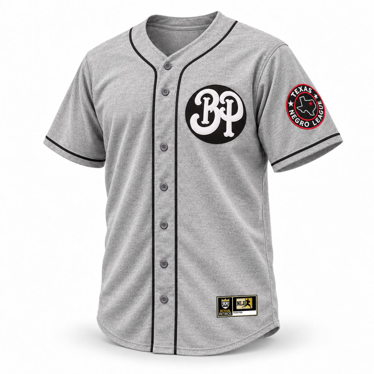 Fort Worth Black Panthers NLB jersey, gray front with white BP monogram on black chest circle, Texas Negro League patch on left sleeve, black piping, gray buttons and NLB jock tag.
