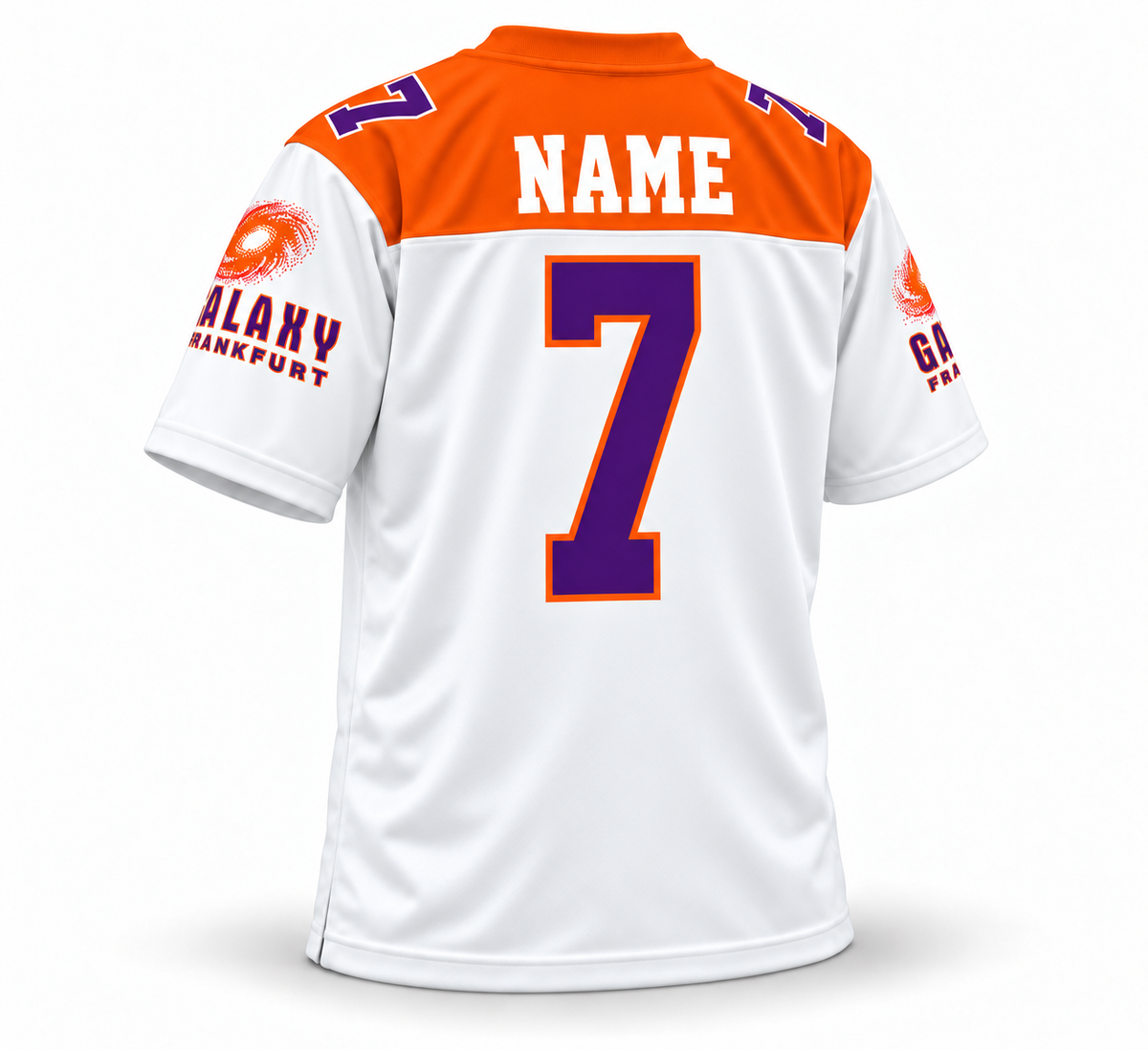 Frankfurt Galaxy 1996 sublimated white orange-shoulder jersey back NAME number 7