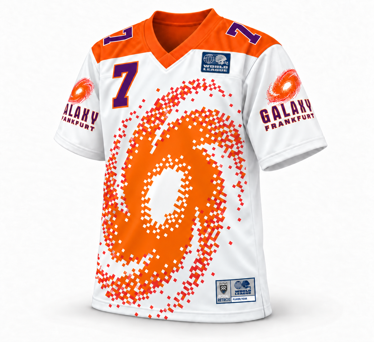 Frankfurt Galaxy 1996 sublimated white orange-shoulder jersey front number 7
