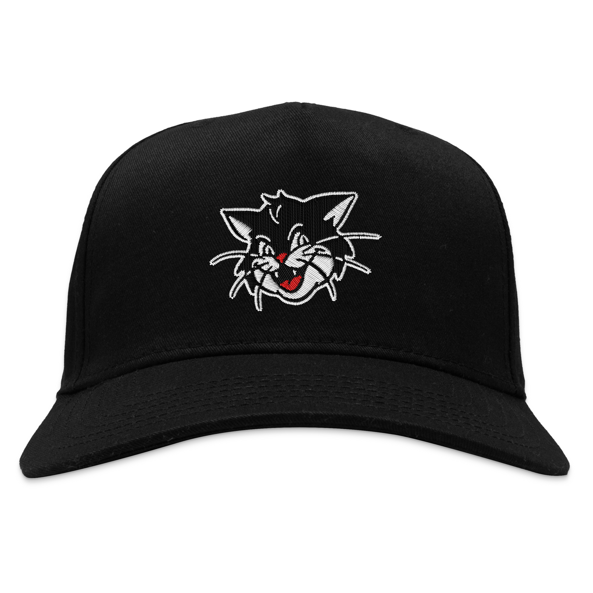 Go Cat Snapback Hat, front view: black structured snapback with the embroidered Go Cat head in white outline with a red nose and tongue
