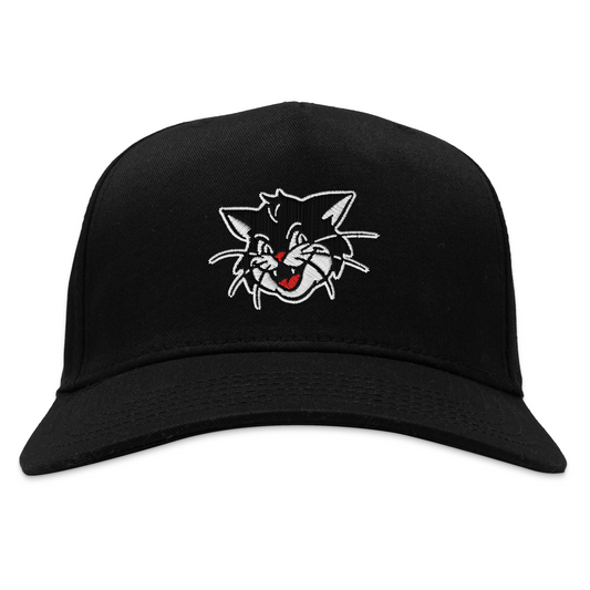 Go Cat Snapback Hat, front view: black structured snapback with the embroidered Go Cat head in white outline with a red nose and tongue