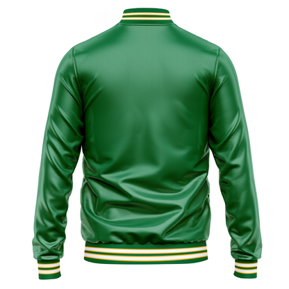 California Seals hockey satin jacket, green. Back. Green, gold, white, gold, green, gold, white, gold, green collar, sleeve ends, around waist. Royal Retros.