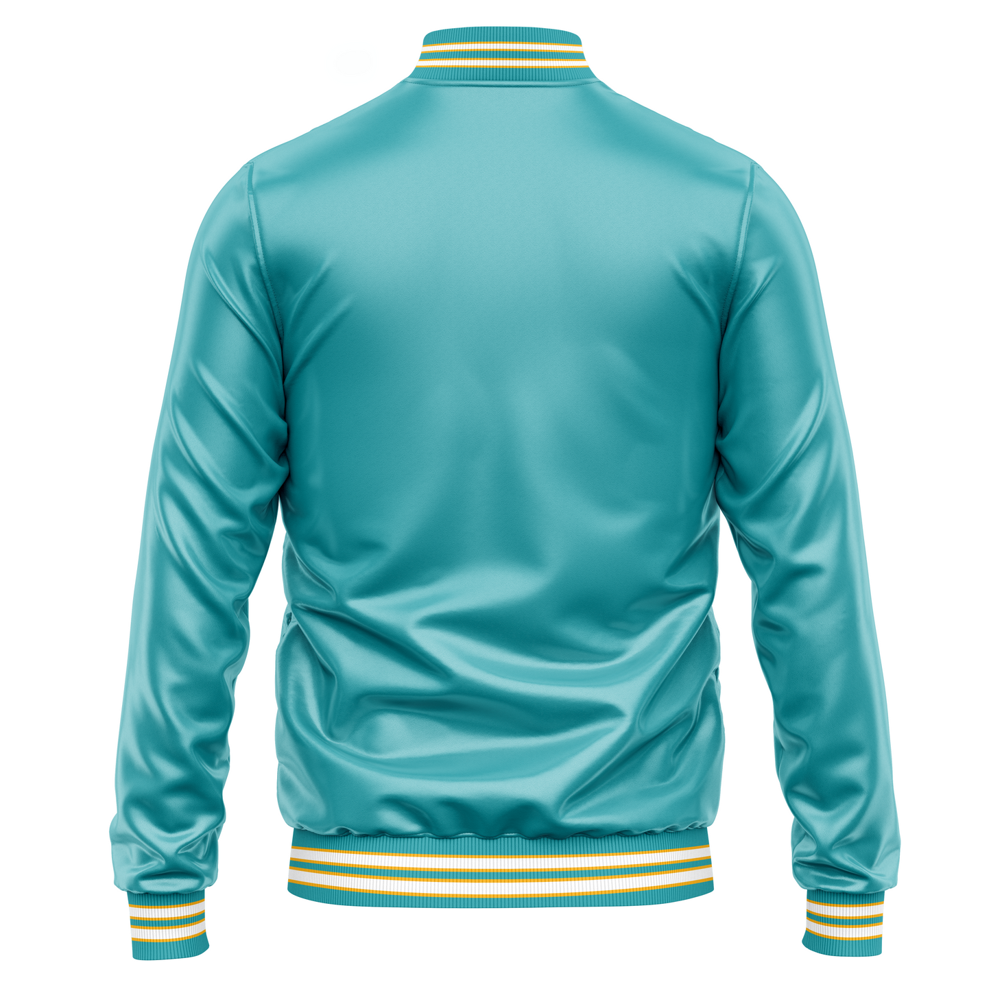 California Seals hockey satin jacket, teal. Back. Teal, gold, white, gold, teal, gold, white, gold, teal collar, sleeve ends, around waist. Royal Retros.