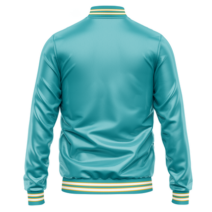 California Seals hockey satin jacket, teal. Back. Teal, gold, white, gold, teal, gold, white, gold, teal collar, sleeve ends, around waist. Royal Retros.