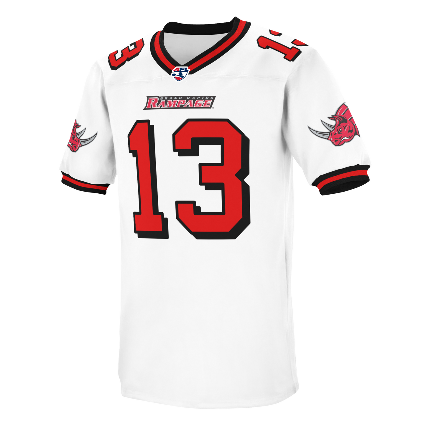 Grand Rapids Rampage Arena Football League jersey. White. Black, red, black collar. AFL 2000s logo just below collar, small. Rampage logo of red charging rhino head on sleeves. Black, red, and black trim at sleeve ends. #13 in red with black shadow outline large on chest, small on sleeves. Royal Retros